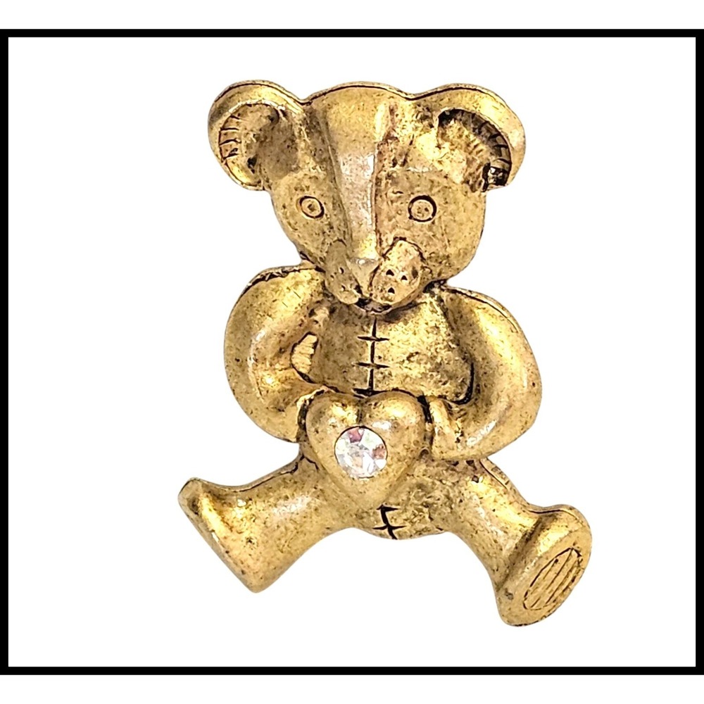 Teddy Bear Brooch Pin Gold Tone Heart Rhinestone Cute Lapel Pin Women Jewelry